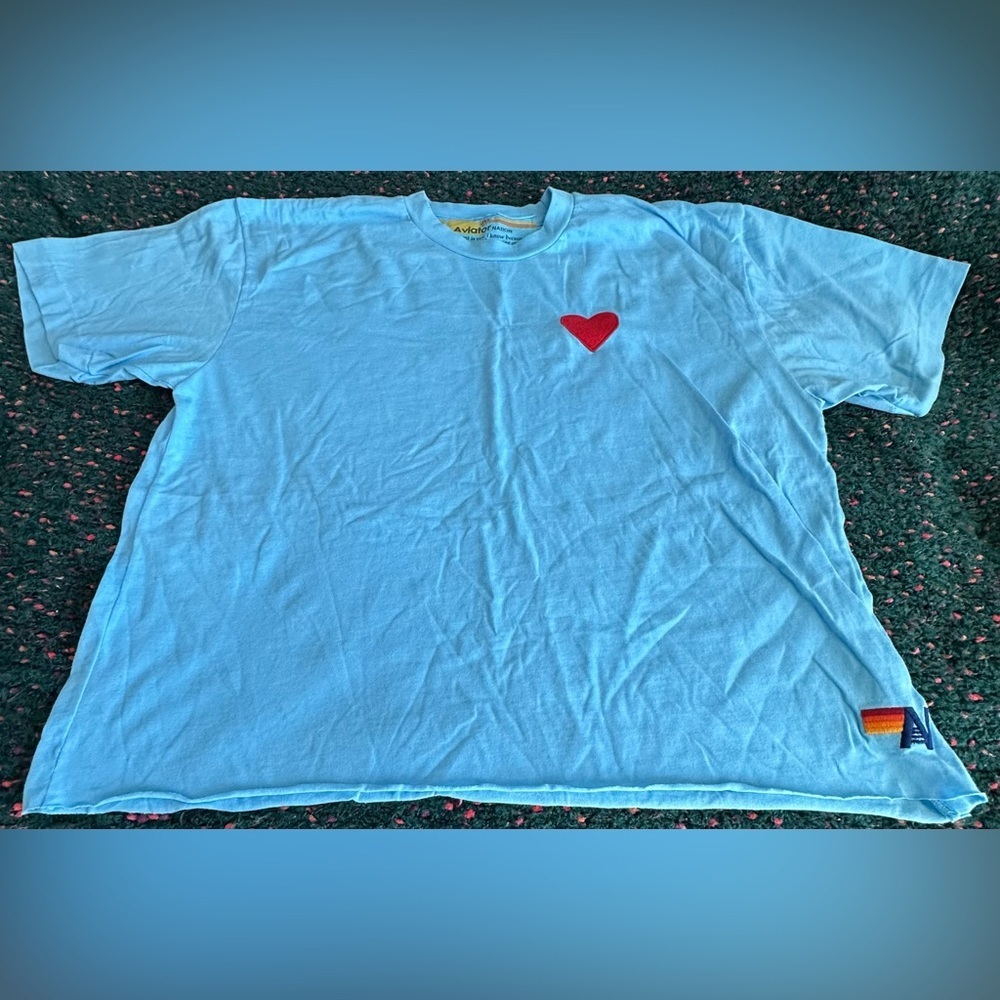 RARE Aviator Nation Heart Tee Blue Rainbow Stripe Boyfriend Tee NWOT M - Picture 14 of 16
